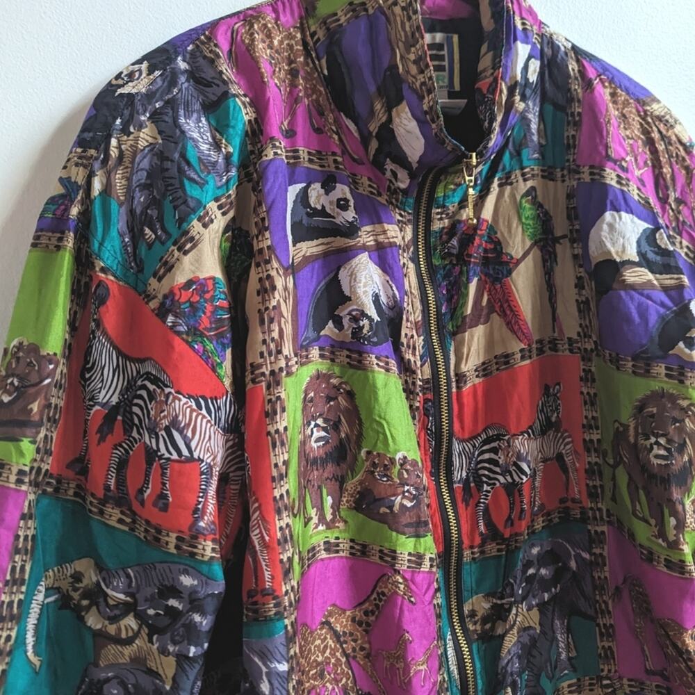 Vtg 80s EVR Silk Bomber Jacket Wildlife Oversize 1X - Picture 2 of 8